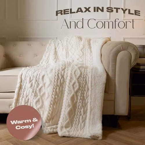 OHS Knitted Sherpa Fleece Throw Blanket in Beige and White, W/D/H: 130 x 160 cm – 2