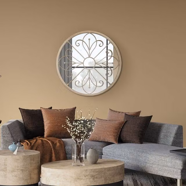 MirrorOutlet Orchid Floral Metal Circular Decorative Wall Mirror in Beige
