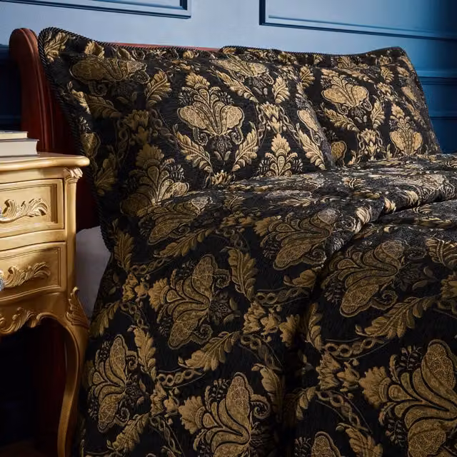 Paoletti Shiraz Jacquard Chenille Bedspread in Black and Gold, W x D: 275 x 275 cm