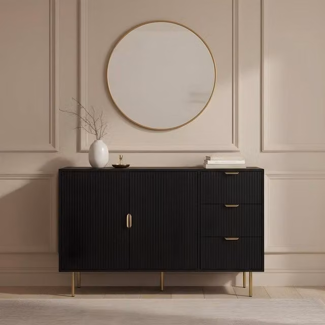 OHS Modern Ribbed Sideboard Cabinet with Drawers and Shelves in Matt Black