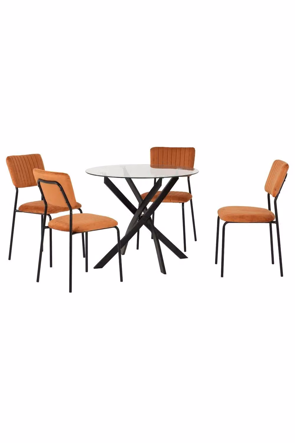 Seconique Sheldon Round Glass Top Dining Set with 4 Orange Velvet Chairs – 2