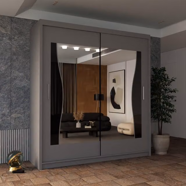 Sliding Wardrobes 4U Curved Mirror Sliding Door Wardrobe in Grey, W: 180 cm, H: 217 cm