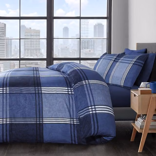 Velosso Contemporary Checked Pattern Duvet Cover and Pillowcase Set in Blue, Single Size (W: 135 cm, H: 200 cm)