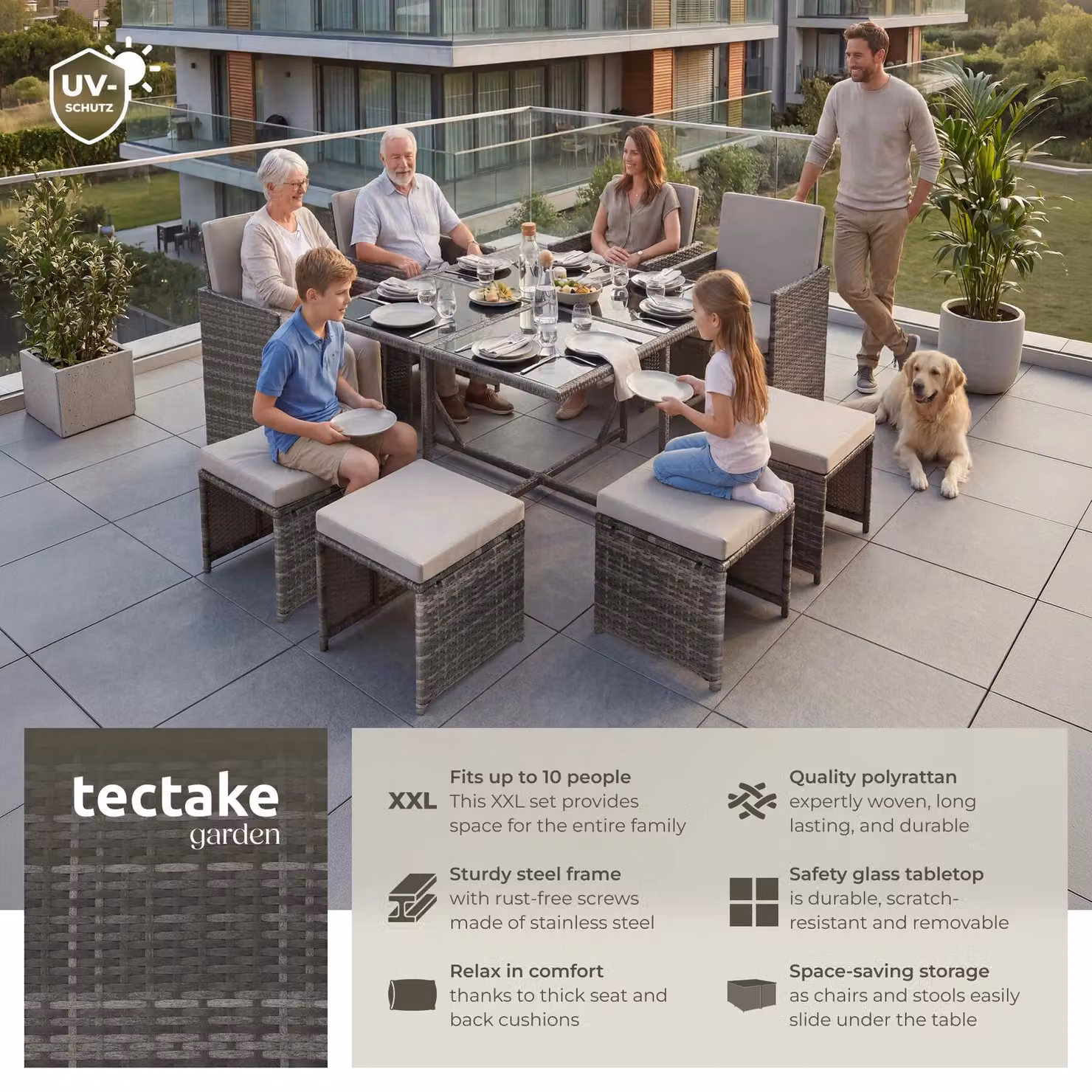 tectake Bilbao Garden Table and Chairs Set in Grey Rattan with Glass Top – 2