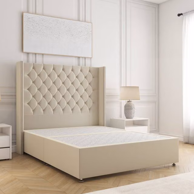 BSSPOKE Olivia Single Divan Bed with 54 inch Plush Velvet Headboard in Cream/Beige