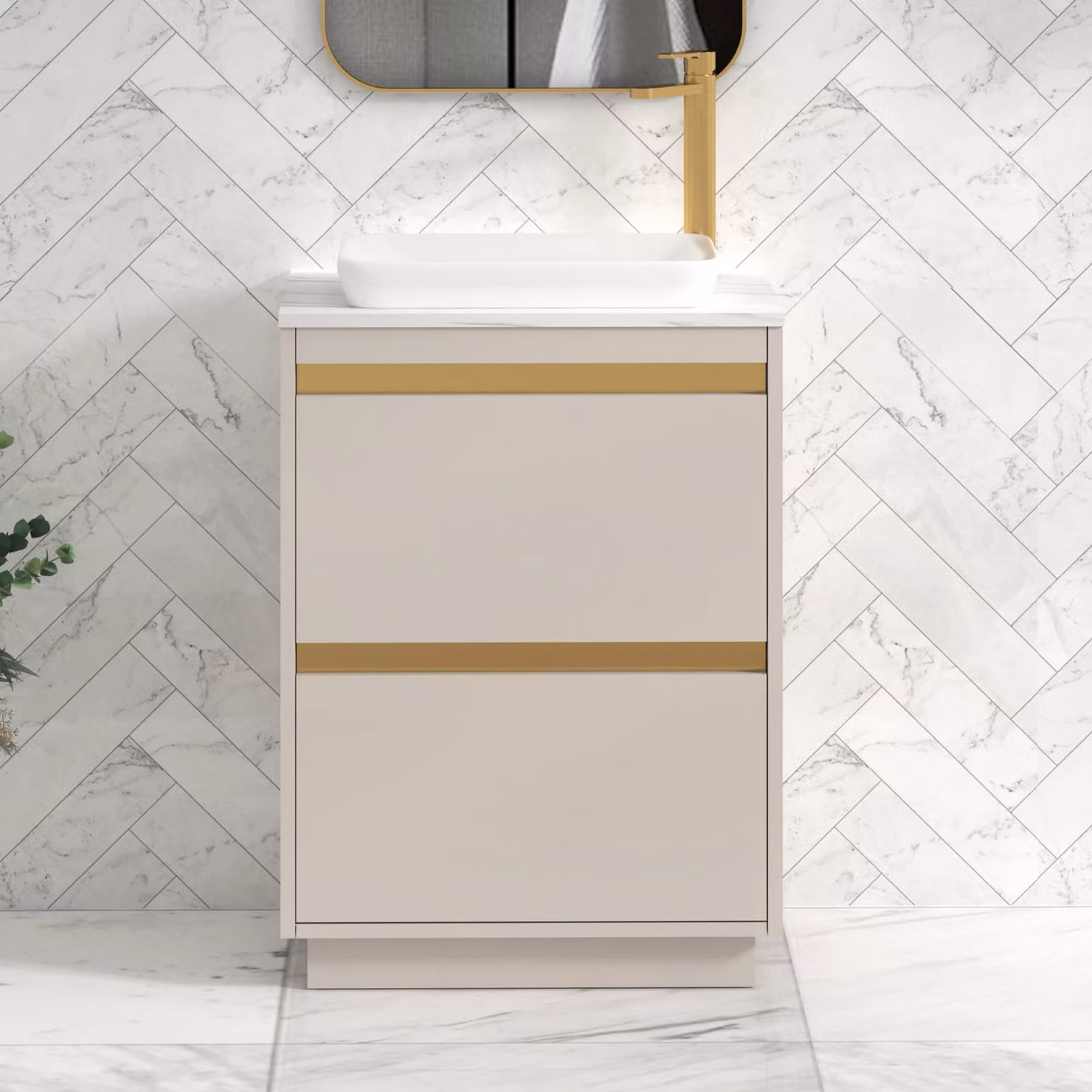 Royal Bathrooms Orion 2 Drawer Floor Standing Vanity Unit in Warm Taupe with Carrara White Stone Top and Countertop Basin featuring Brushed Brass Accents