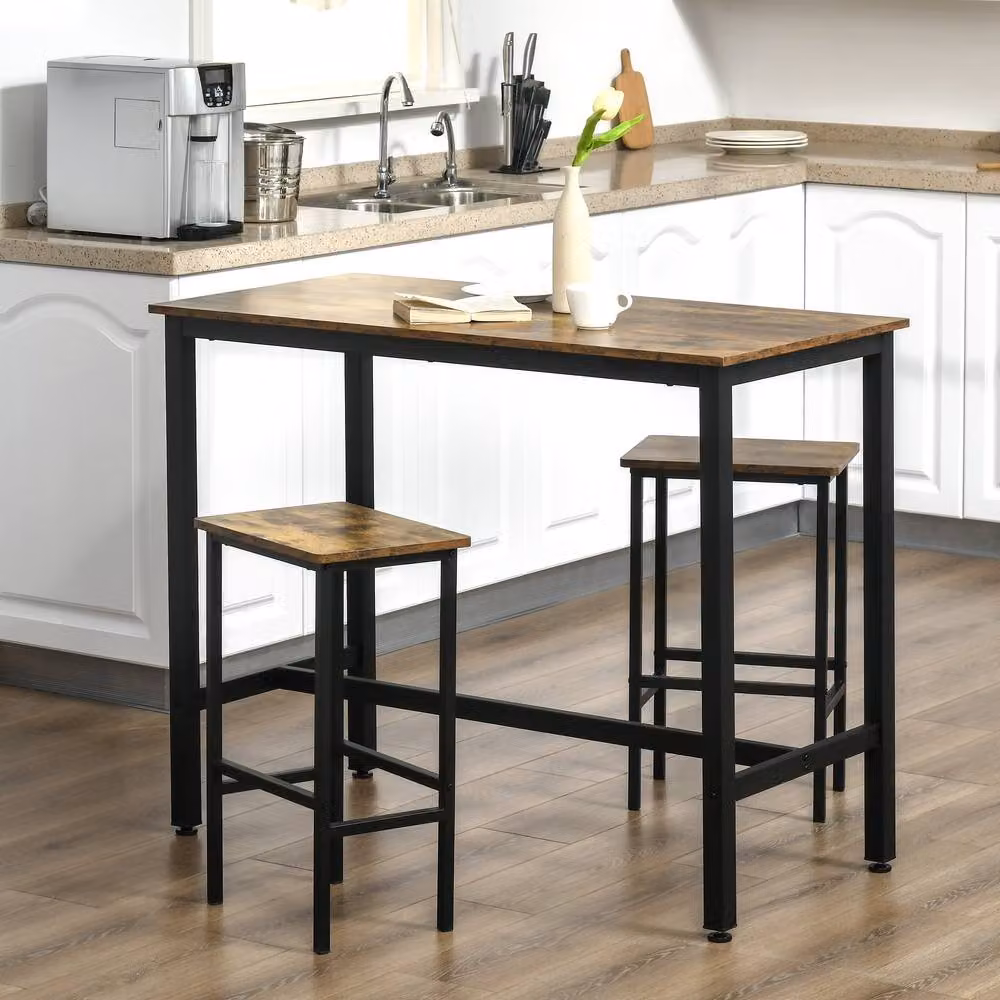 ERGOVEXA 3-Piece Industrial Bar Table Set in Rustic Brown and Black, W/D/H: 120 x 60 x 95 cm – 2