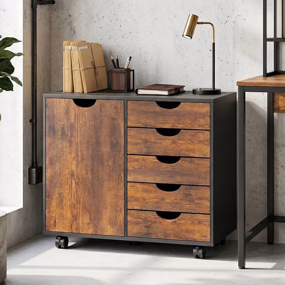 Rolipo Mobile Office Storage Cabinet in Brown with Hinged Doors, Internal Drawers and Shelves – 3