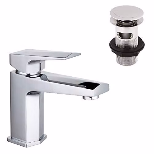 Nuie Hardy Modern Square Mono Basin Mixer Tap with Pop Up Waste, Chrome, H: 153 mm, W: 50 mm – 1