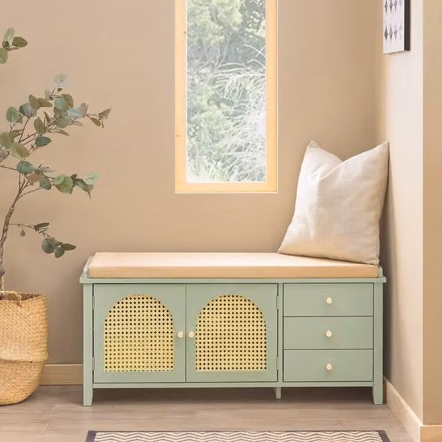 SoBuy Space-Saver Entrance Bench with Rattan Doors and Fabric Cushioned Seat in Green and Beige – 1