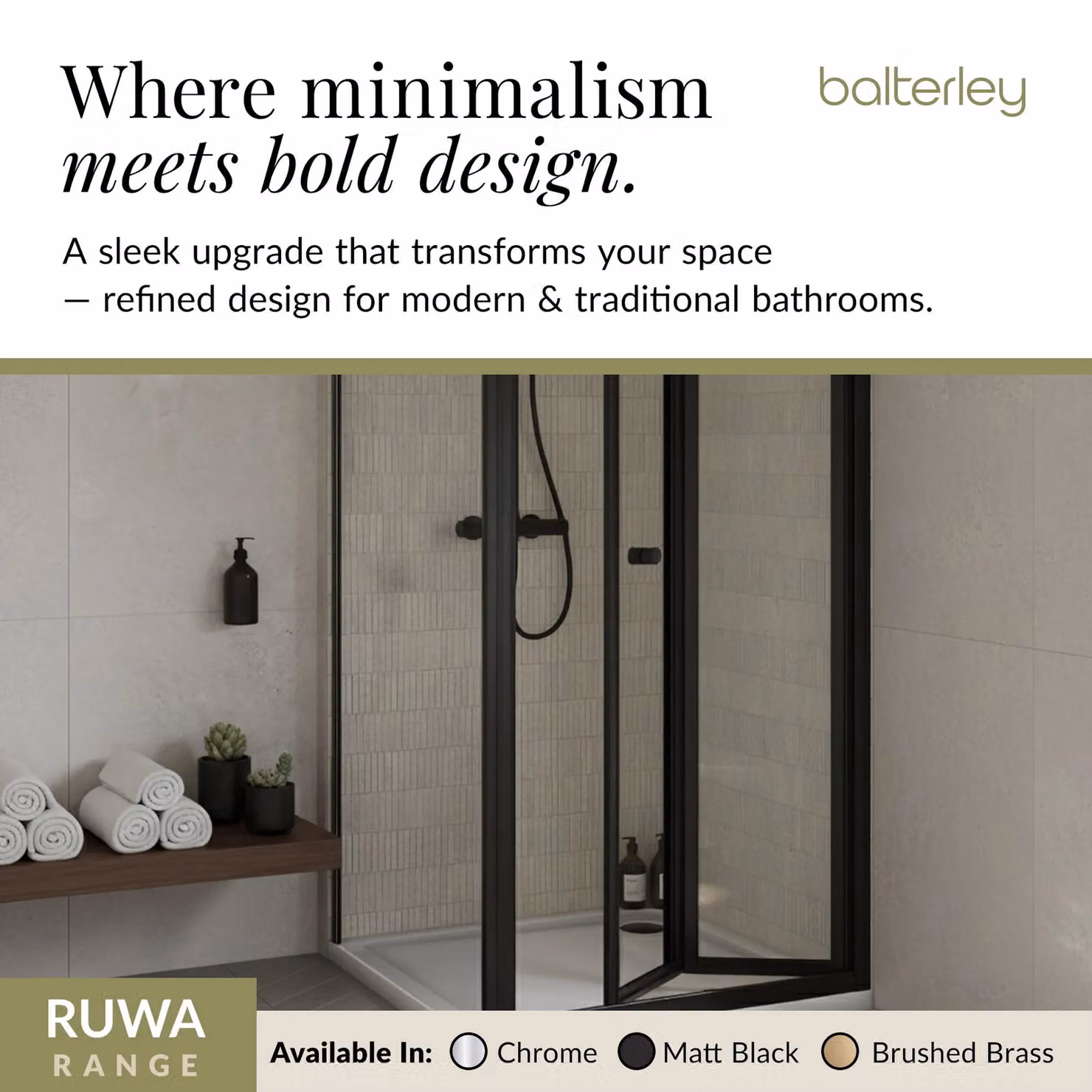 Balterley Ruwa Square Corner Shower Enclosure with Bi-Fold Door, Side Panel and Tray, Black, W/D: 900 x 900 mm, 4mm Glass – 5