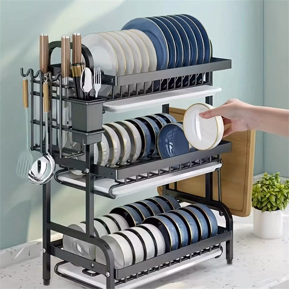 VOGREX 3 Tier Kitchen Sink Dish Rack with Drip Tray and Cutlery Holder in Black – 4