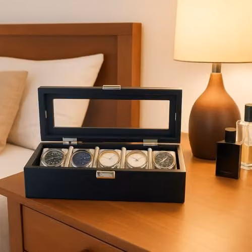 Menkind Men's InGenious 5 Piece Watch Box with Transparent Glass Lid in Black, W/D/H: 30.0 x 13.0 x 10.0 cm – 3