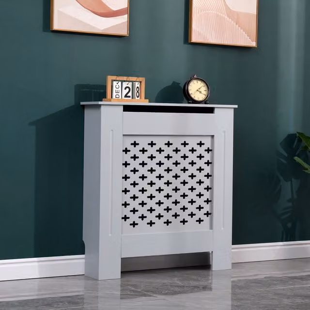 WestWood Grey MDF Wooden Wall Shelf Radiator Cover with Geometric Cross Design