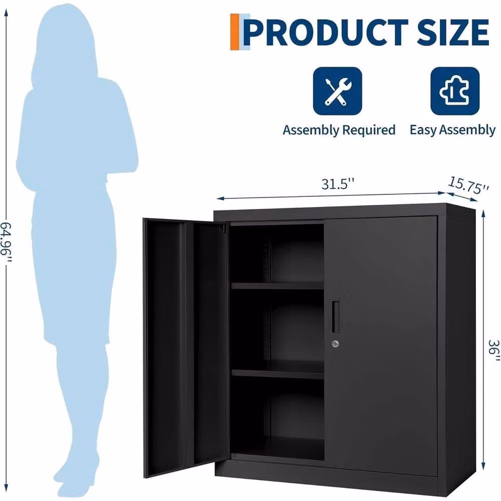 VOGREX Black Metal Storage Cabinet with Locking Hinged Doors and 2 Adjustable Shelves – 2