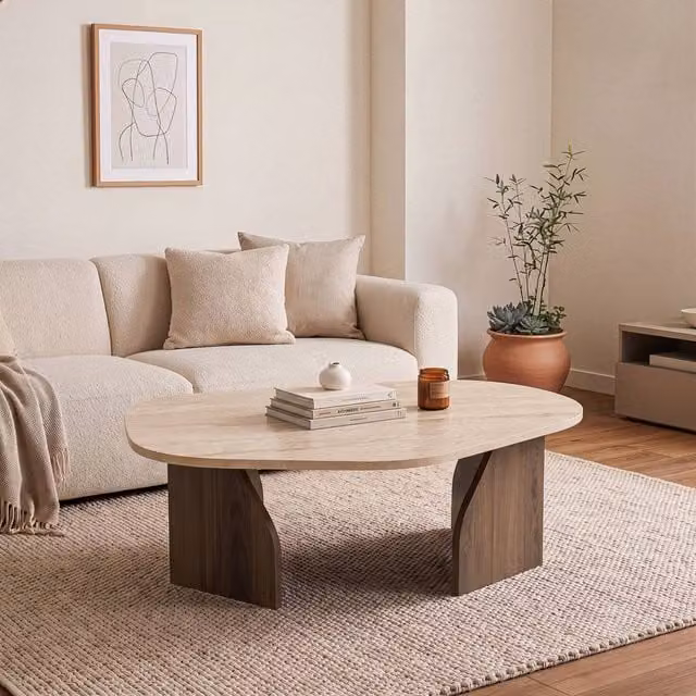 CALICOSY ROCK Coffee Table with Ally Shaped Top and Wide Legs in Walnut Brown, W: 100 cm, D: 60 cm, H: 35 cm