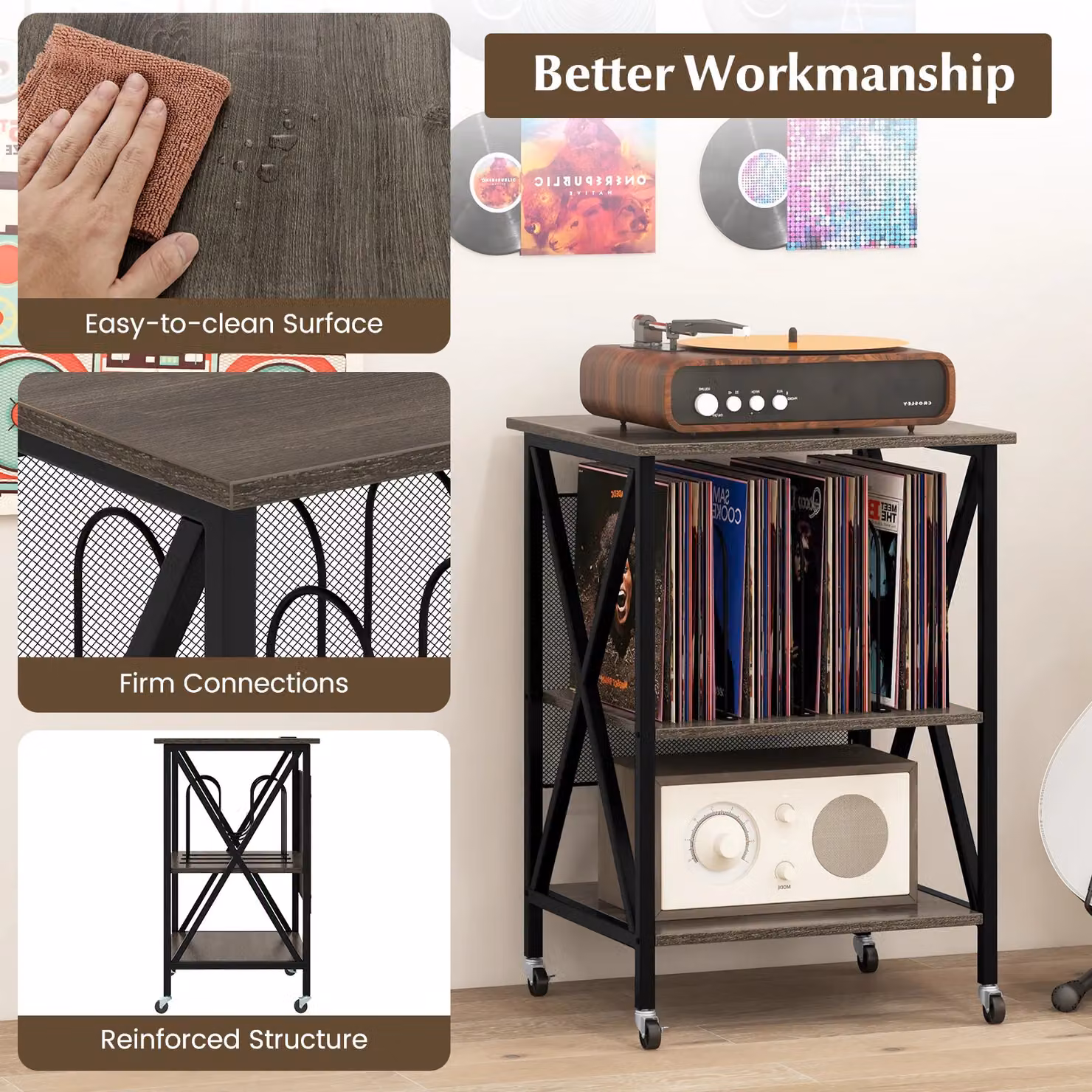 Costway Grey Record Player and Turntable Stand with Divider and Lockable Castors – 6
