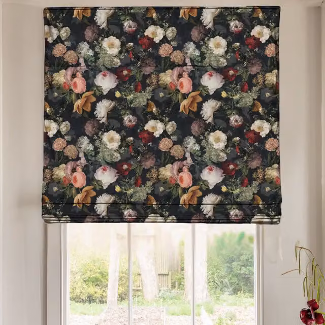 Linda Barker Florabunda Velvet Made To Measure Roman Blind in Black and Multicolour Floral Design