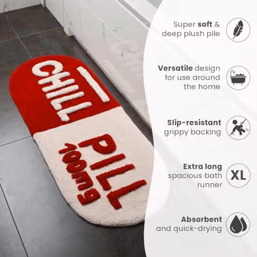 Mooky Mats Chill Pill Non Slip Absorbent Bath Mat Runner, Red, W: 46 cm, L: 115 cm – 4