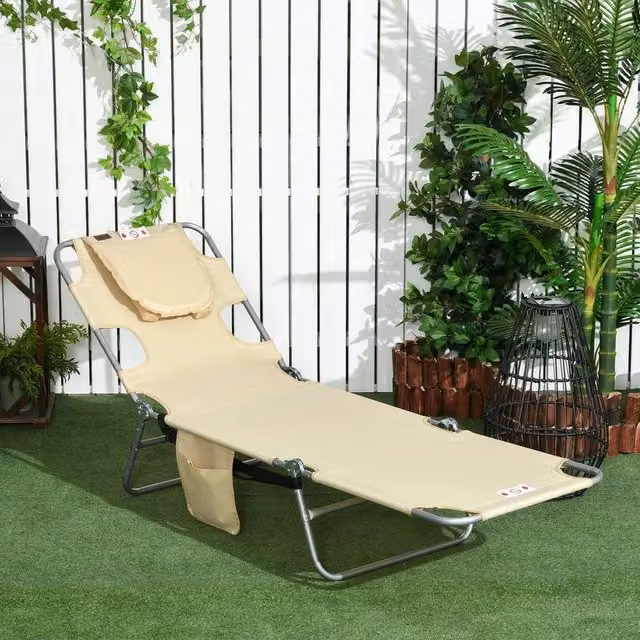 EONLION Beige Sun Lounger with Reading Hole and Multi-Position Glide – 1