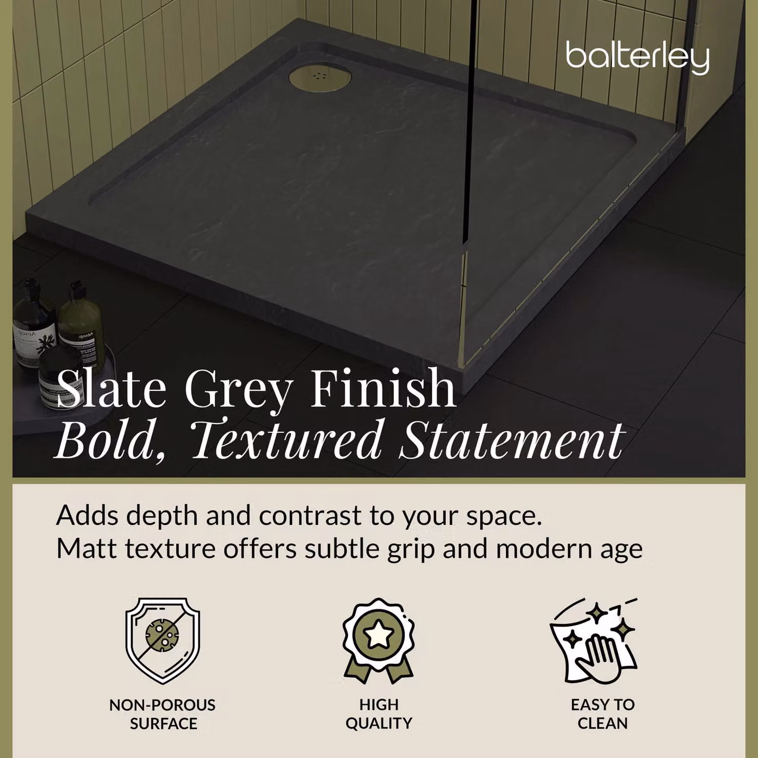 Balterley Premium Square Shower Tray in Grey, 76 x 76 cm – 3