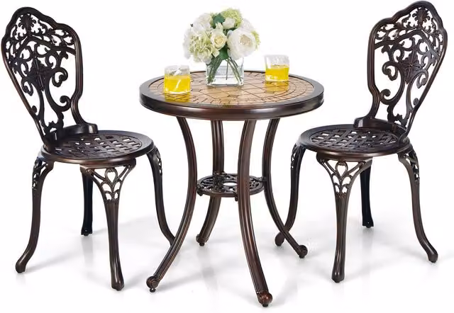 Costway 3 Piece Outdoor Patio Table and Chairs Set in Bronze Matt Metal