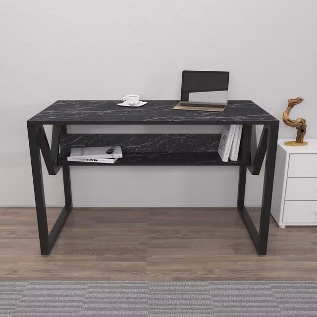Decorotika Lona Computer Desk in Black Marble Effect with X-Frame Metal Legs