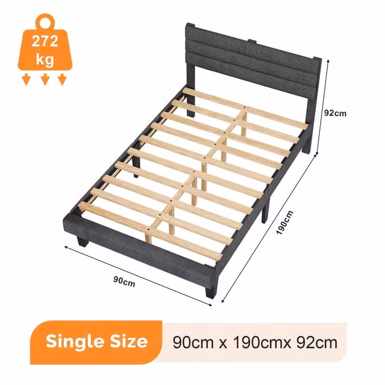 SPETLEK Grey Linen Upholstered Single Bed, W/D/H: 120 x 200 cm