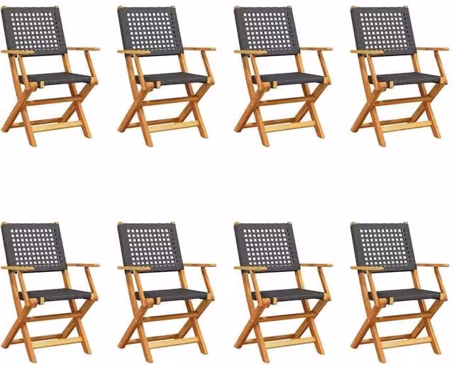 Berkfield Home Set of 8 Folding Garden Chairs in Black Poly Rattan and Lacquered Acacia Wood – 1