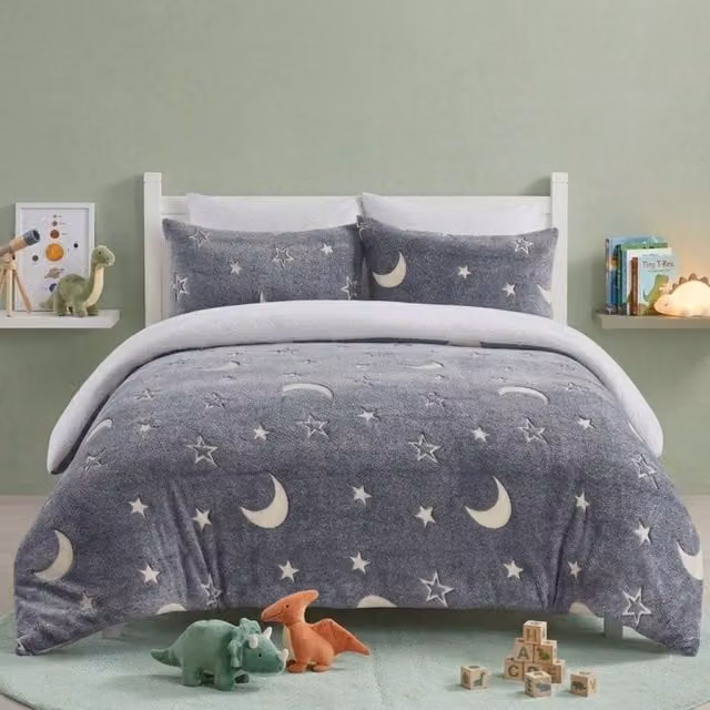 Snug City Glow in the Dark Teddy Galaxy Design Kids Duvet Cover Set, Grey, W/D/H: 140 x 200 cm