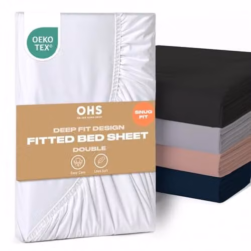 OHS White Microfibre Plain Deep Fitted Double Bed Sheet, W/D/H: 140 x 200 cm