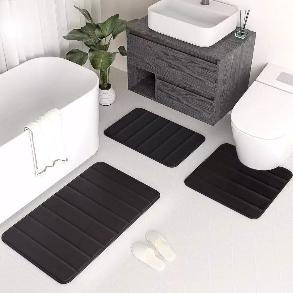 Kelvenix Set of 3 Black Memory Foam Non-Slip Rectangular Bath Mats – 3