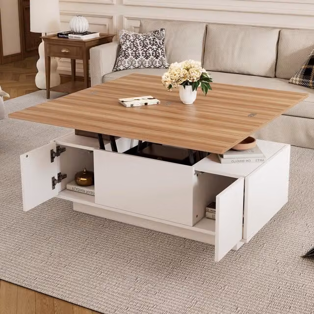 Aosom UK Lift-up Coffee Table with Hidden Storage and Dual Liftable Tops in White and Natural, W: 100 cm, D: 50 cm, H: 55.5 cm