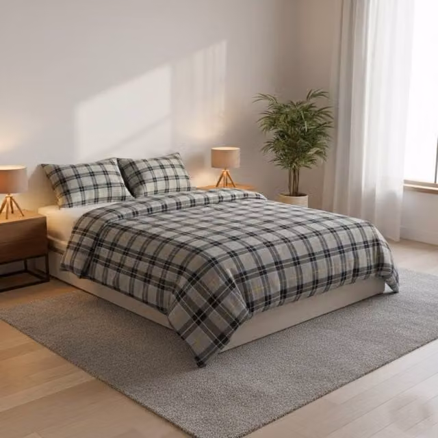 Snug City Grey Checked Flannelette Tartan Duvet Cover and Pillowcase Set, 200 x 200 cm