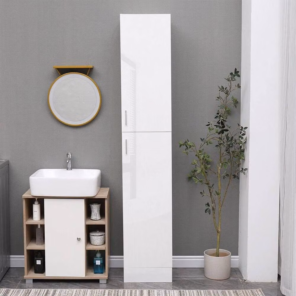 PAWNORA Modern White High Gloss Freestanding Bathroom Cabinet with Hinged Doors – 2