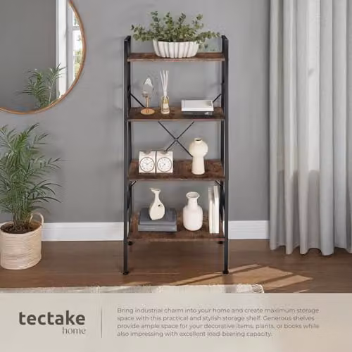 tectake 4-Tier Industrial Ladder Shelf with Steel Frame and Wood-Look Shelves in Dark Wood and Black, H 150.0 x W 61.5 x D 36.5 cm – 4