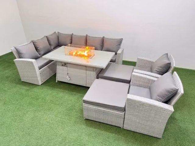 Fimous 10 Seater Outdoor Garden Dining Set with Gas Fire Pit Table and Tempered Glass Footstools in Light Grey