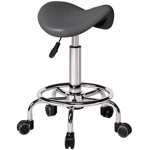 HOMCOM Grey PU Leather Adjustable Rolling Saddle Stool for Spa and Salon