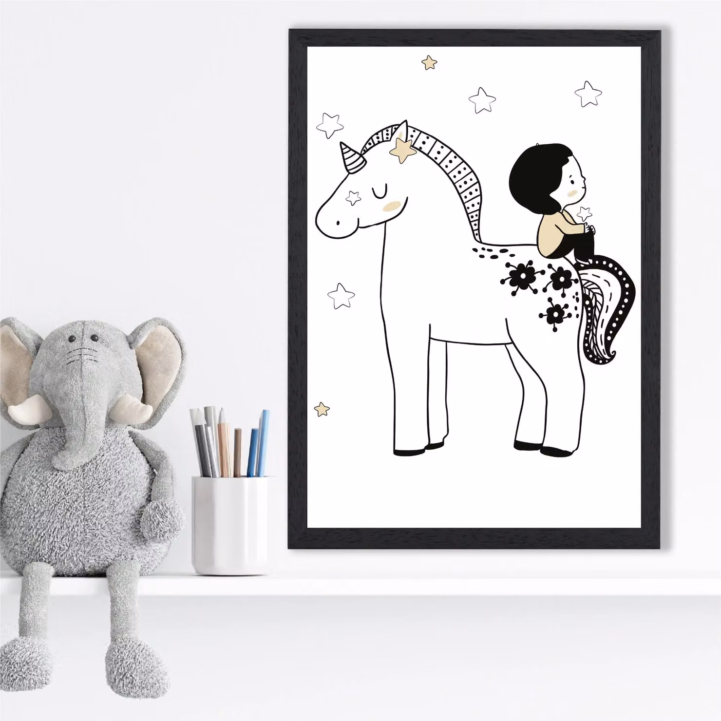 ARTZE Scandi Prince Little Boy Sitting on a Unicorn Framed Print, Black Frame, A2 – 2