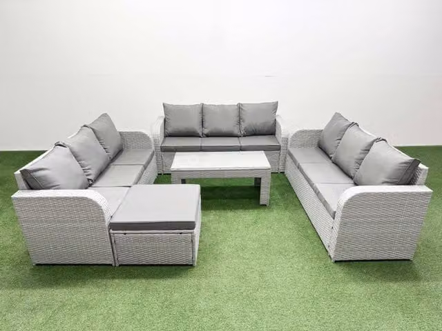 Fimous 10 Seater PE Rattan Outdoor Garden Furniture Set in Light Grey with Oblong Coffee Table, 3 Seater Sofa and Large Footstool