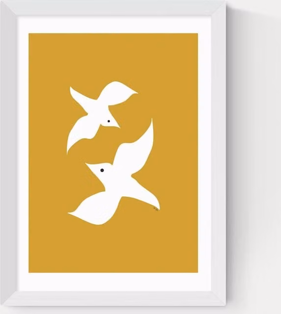 East End Prints Love Birds Framed Art Print in White and Yellow
