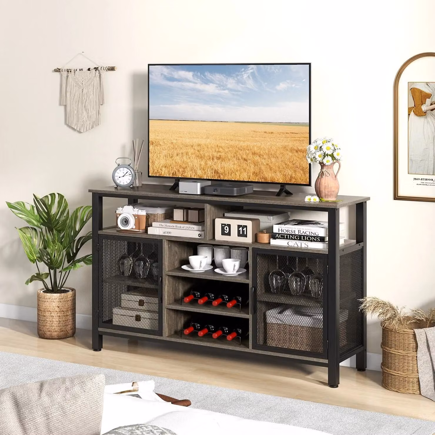 Costway Industrial Wine Bar Cabinet Grey Buffet Sideboard with 8-Bottle Wine Racks, W: 140 cm, H: 84 cm – 6