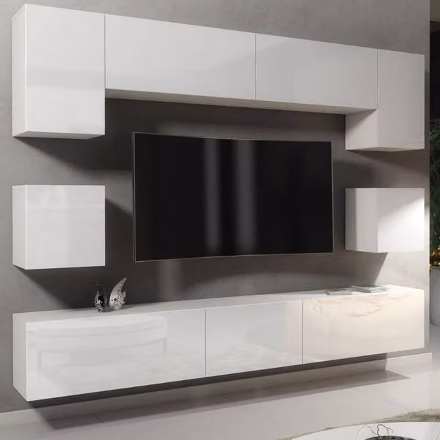 Mex Furniture LTD Panorama Wall Mounted TV Unit in White with Glossy Hinged Doors, W: 242 cm, H: 35 cm, D: 207 cm