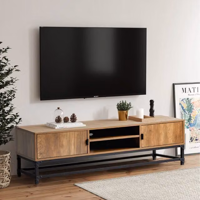 Livingandhome Industrial Style Metal and Wood TV Stand in Brown and Black