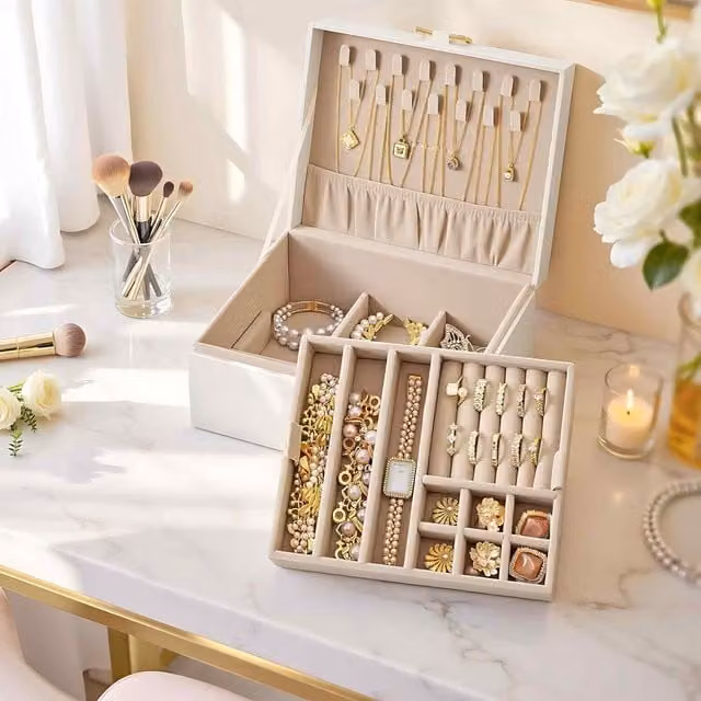 The Bazaarist Wooden Jewellery Box with Removable Tray and Carry Handle, White, W/D/H: 20.5 x 17.0 x 9.5 cm