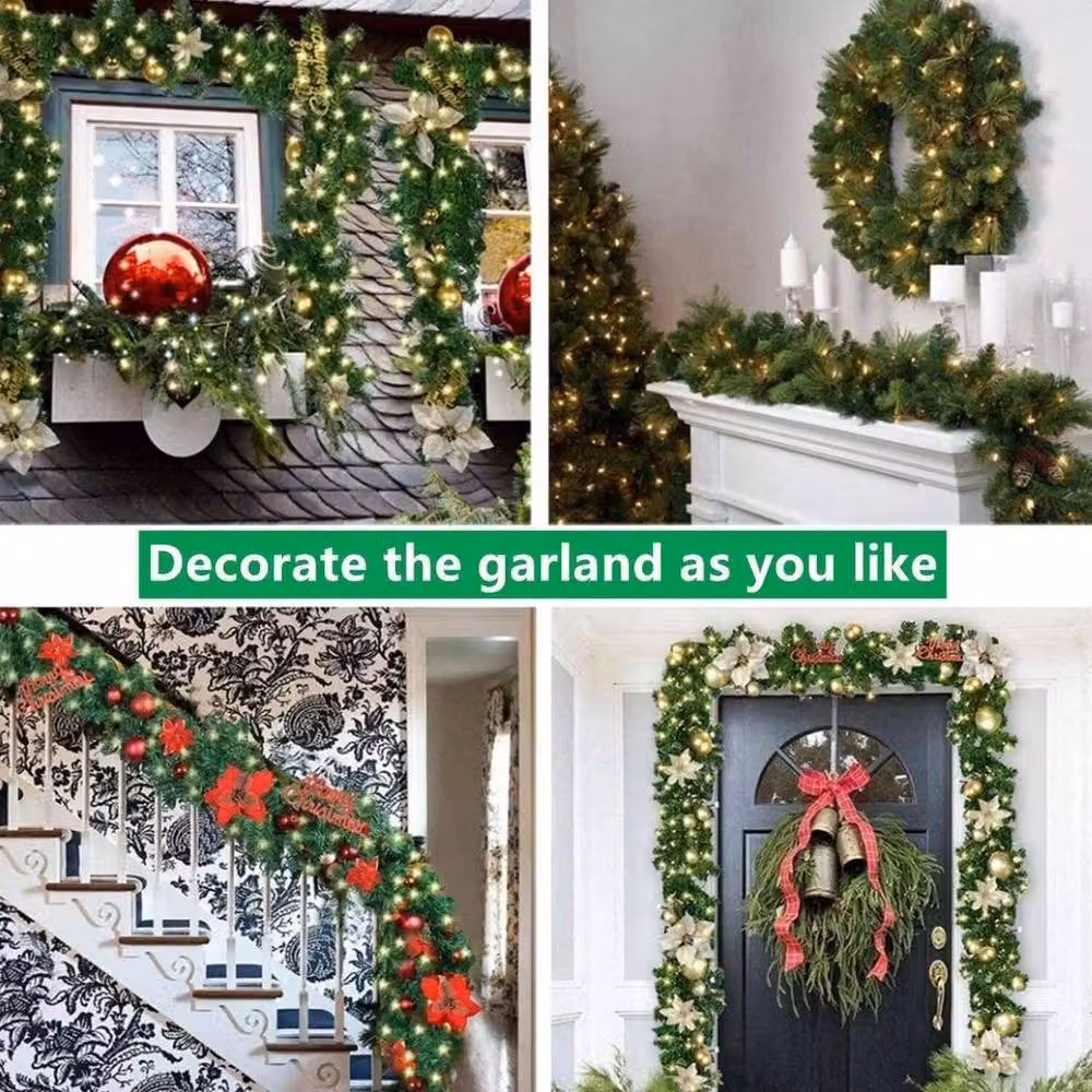 FLAVORA Green Christmas Garland with Warm White LED Fairy Lights, W: 100 cm, D: 15 cm – 4