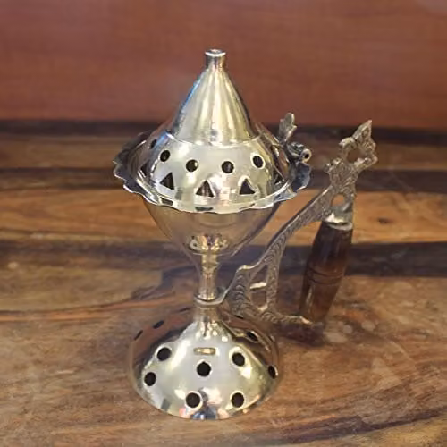 The Spice Cellar KDMD Large Brass Incense Cone Burner with Wooden Handle in Gold, Diameter: 12 cm – 2