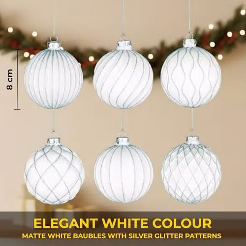 Shatchi 12-Piece Set of White and Silver Glass Christmas Baubles with Abstract and Geometric Designs, Diameter: 8 cm – 5