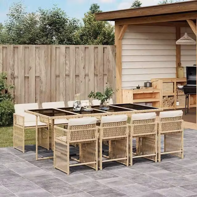 Berkfield Home 9 Piece Beige Poly Rattan Garden Dining Set with Cushions and Glass Tabletop – 1