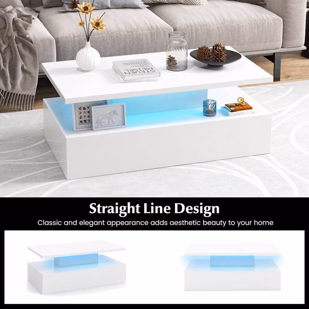 Costway Modern 2-Tier White Glossy Coffee Table with LED Light – 6
